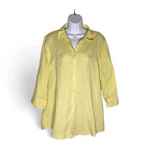 Chico’s No Iron Linen Button-Up Top Size 3 – 16/18 XL ¾ Sleeves Yellow Classic